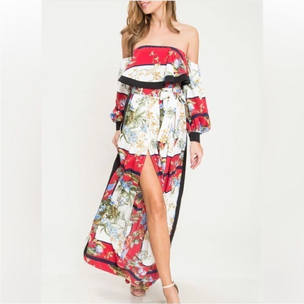L'ATISTE Off-Shoulder Floral Jumpsuit - Red Multi, S - Picture 2 of 12